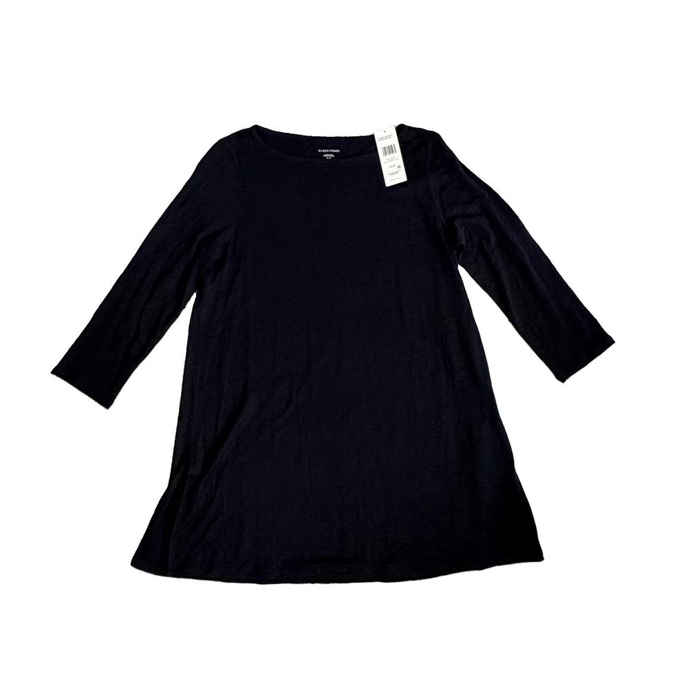New Eileen Fisher 100% Organic Linen Black Bateau Neck Tunic Blouse XS $148 NWT